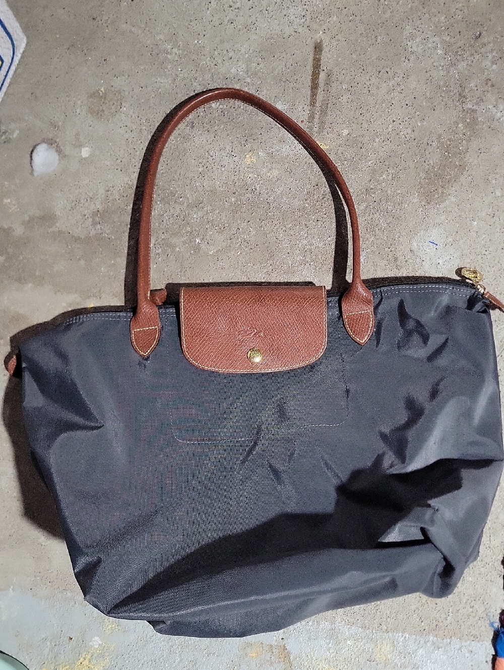 Longchamp Charcoal Grey and Brown Pliage Shopping Tote Bag